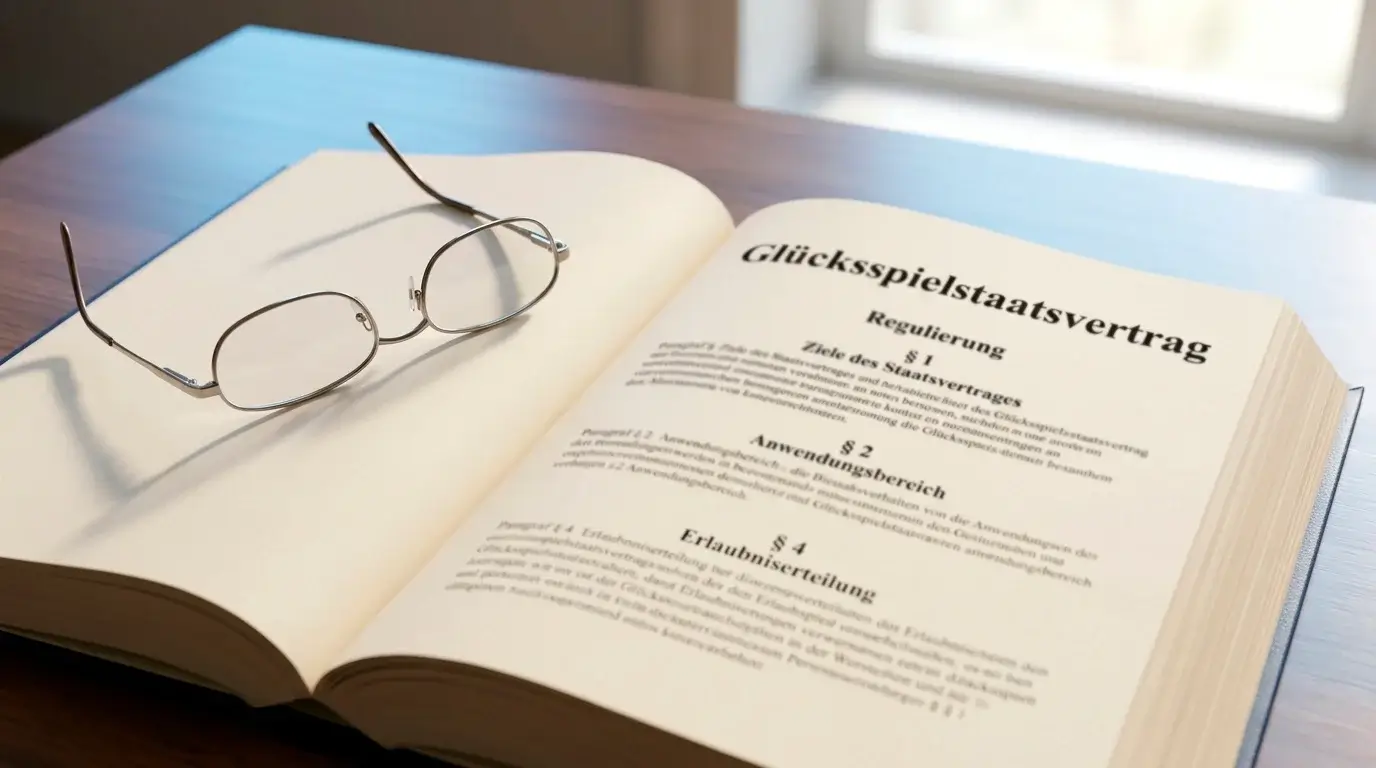 Aufgeschlagenes Gesetzbuch mit Paragraphenzeichen als Sinnbild der deutschen Glücksspielregulierung