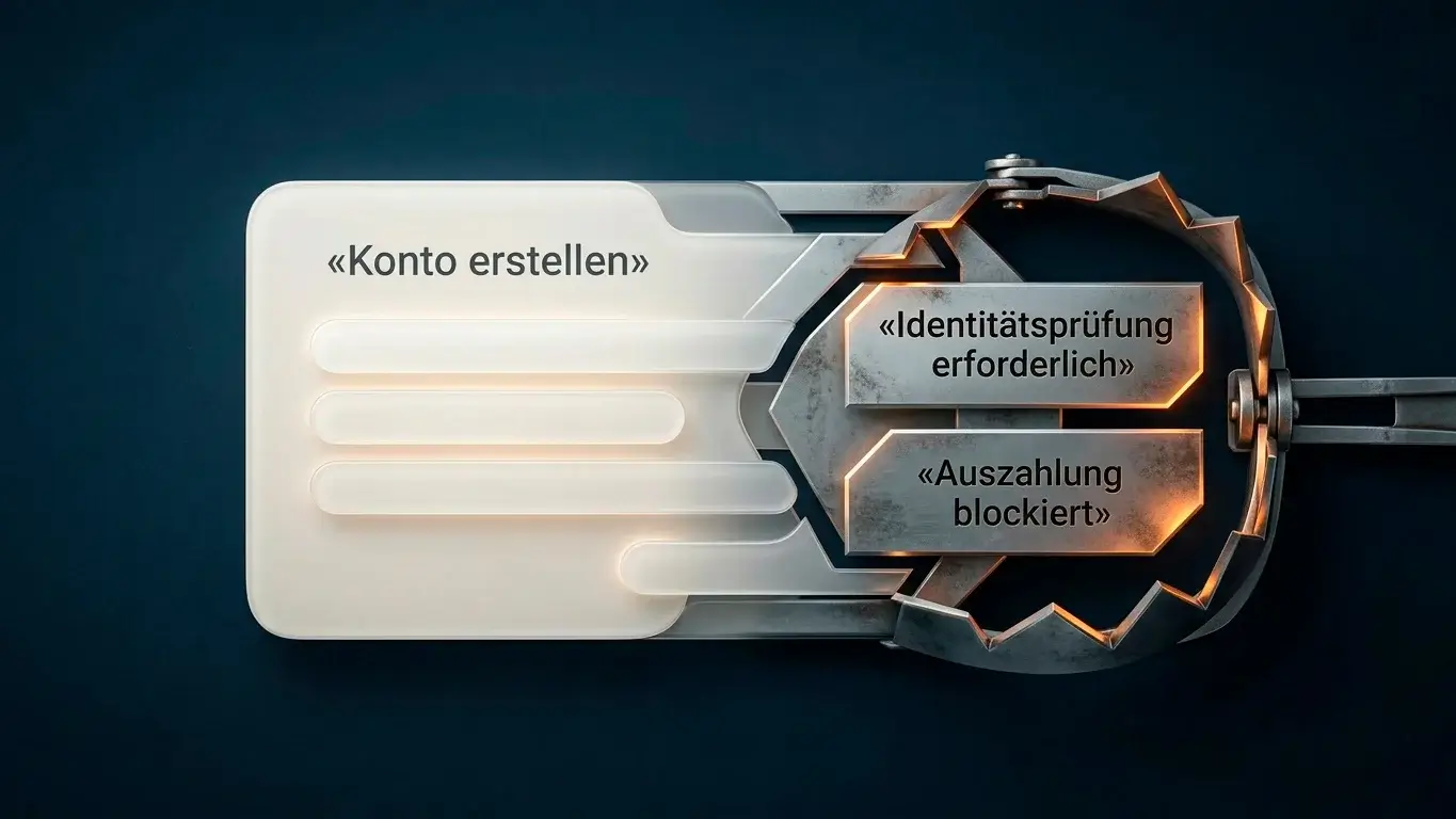 Sinnbild für die Falle hinter werblicher No-KYC-Registrierung ohne Identitätsprüfung