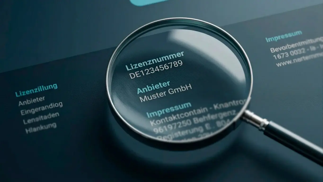 Lupe über einem Website-Footer zur Prüfung von Lizenzangaben und Impressum